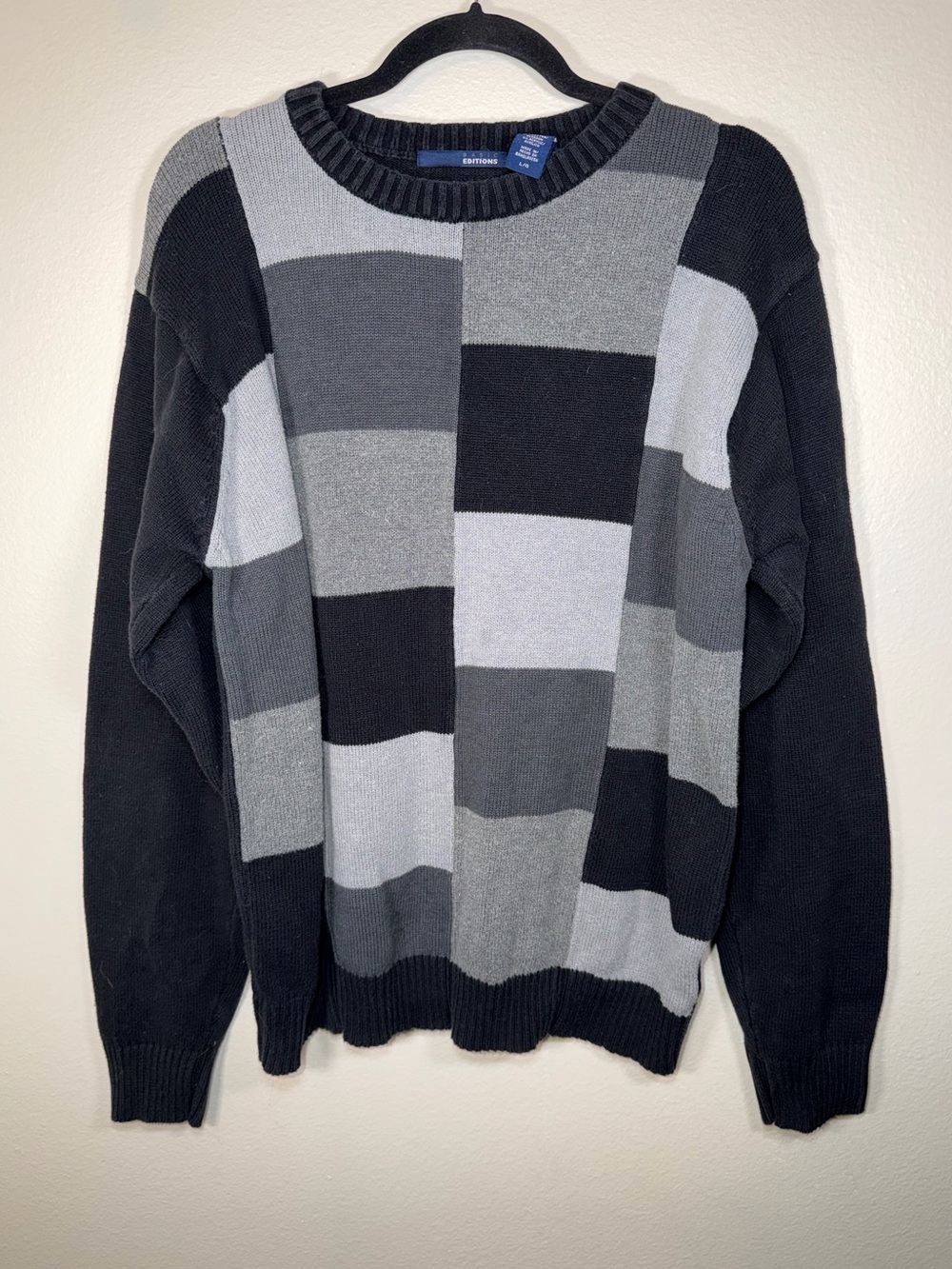 Vintage Basic Editions Black Gray Checkered Crewneck Sweater Grunge Preppy Y2K